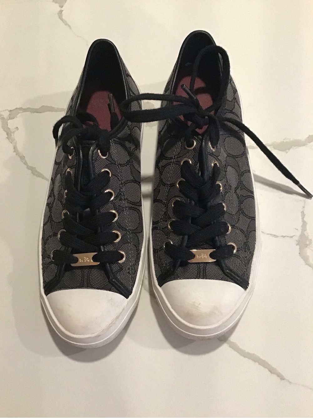 Coach Black Signature Jacquard Low-Top Lace-Up Sneakers with White Toe